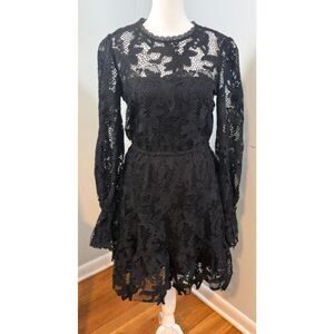 Aqua Black Lace Long Sleeve Midi Dress XS Floral Lace Great Cond Whimsygoth